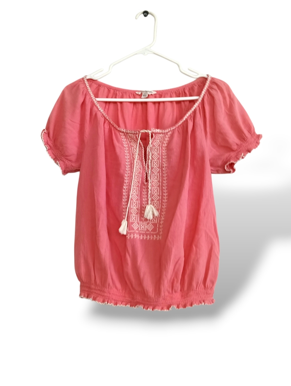 American Eagle Outfitters Coral Pink Embroidered Peasant Blouse Breezy Boho Y2k